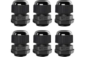 AIRIC 3/4" NPT Cable Glands Nylon PA66, IP68 Waterproof Adjustable Power Strain Relief Cord Grips, Junction Box Wire Gland Grip Connectors with Gaskets and Locknut, Black 6 Pcs