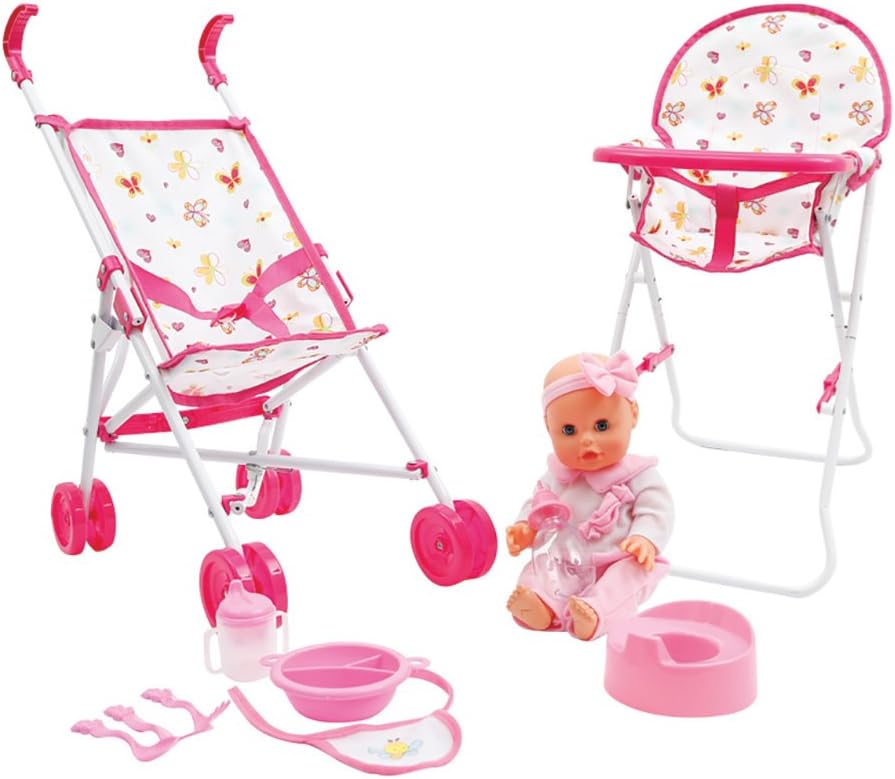 Mamatoy MMA05000 – Mama Mia Feed and Stroll around deluxe set, Baby doll that drinks and pees, with doll stroller, doll high chair and feeding accessories