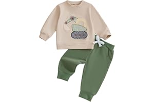 FOCUSNORM Toddler Baby Boy Fall Winter Outfit Excavator Embroidered Long Sleeve Sweatshirt Elastic Jogger Pant 2 Pcs Clothes