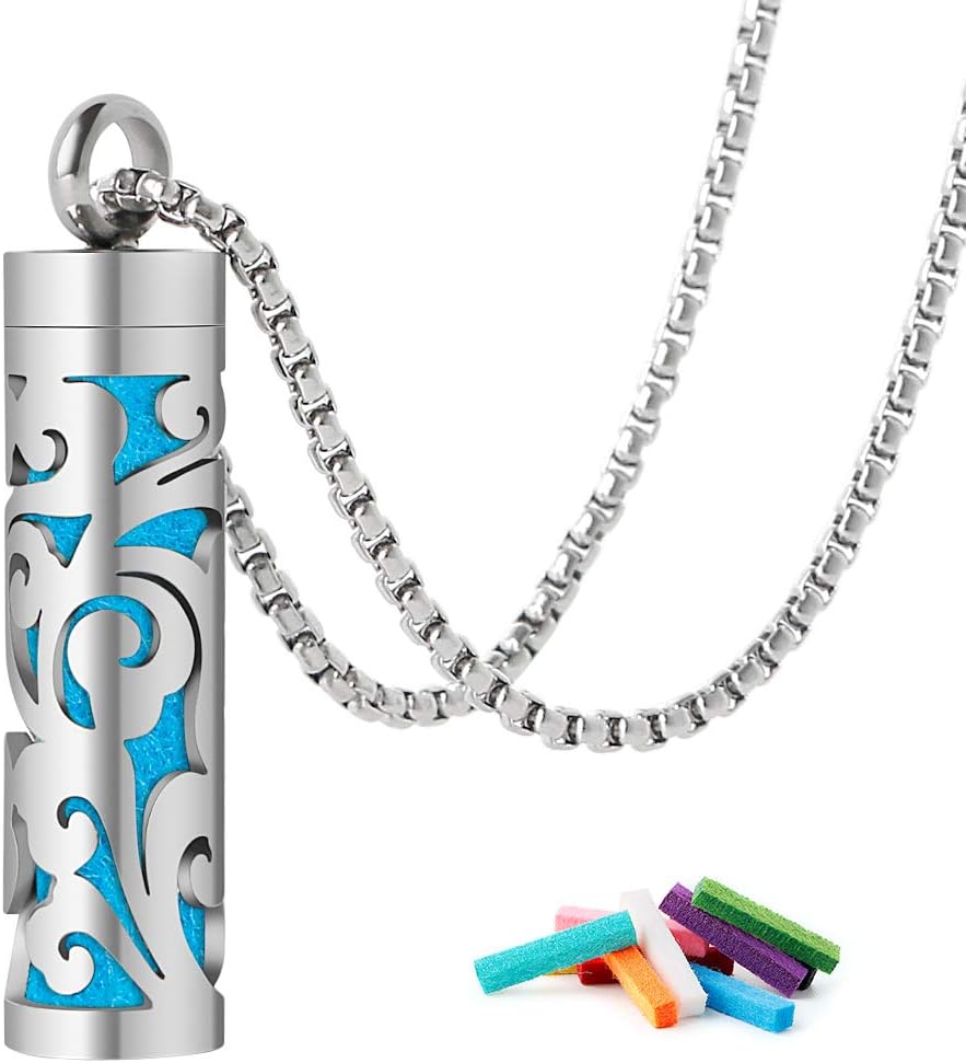 GoorDik Essential Oil Diffuser Necklace 316L Stainless Steel with 10 Reusable Felt Pads for Men/Women/Kids (Silver)