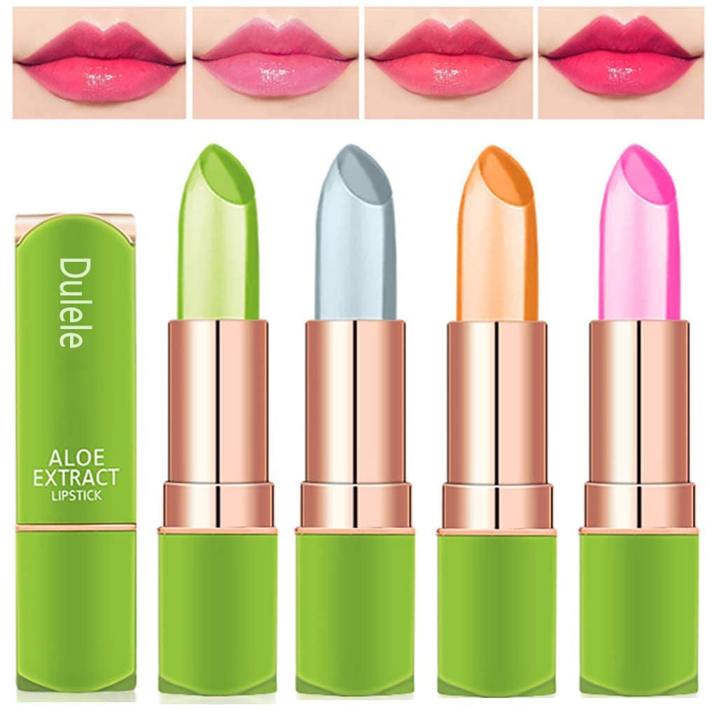 4 Colours Organic Aloe Vera Moisturizing Crystal Jelly Lipsticks, Dulele Magic Temperature Colour Changing Long Lasting Lip Balm Set (EEE)