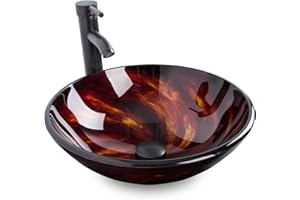 Puluomis Artistic Vessel Sink Bathroom Tempered Glass Vanity Round Bowl with Oil Rubber Bronze Faucet and Pop up drain Combo, Flame Red