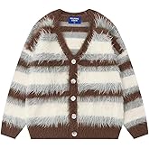 Aelfric Eden Color Blocking Striped Fuzzy Cardigan Crewneck Vintage Oversized Button Down Knit Cardigans Sweater Tops