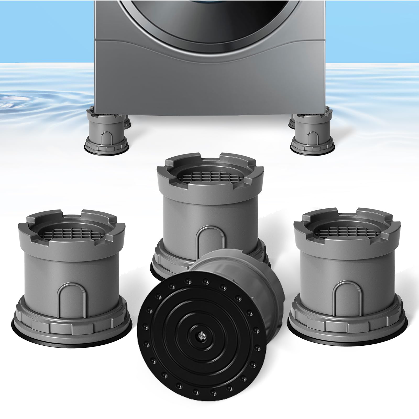 Photo 1 of 4Pcs Anti Vibration Pads for Washing Machine, Adjustable Height Stops Washer Dryer Moving, Prevents Noise, Vibration Transfer, Antivibration Stabilizer Support Feet with Suction Cup Bottom (Grey)