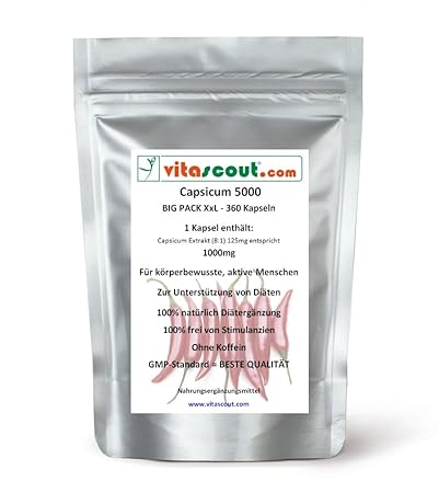 Capsicum 5000-360 Kapseln - Diät Chili Fatburner Bauch Beine Po abnehmen - Thermogenese