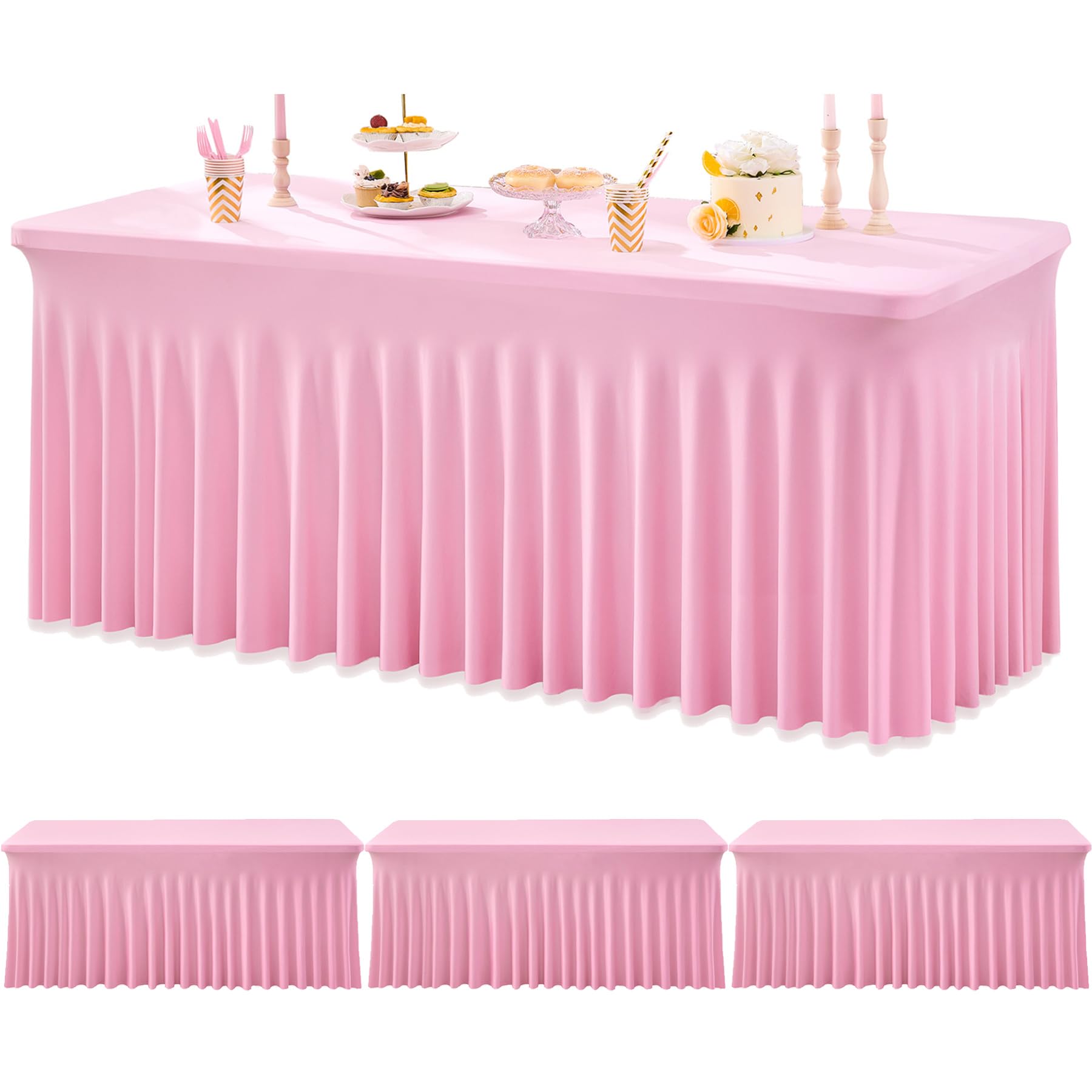 Photo 1 of 3pk Baby Pink Spandex Tablecloths for 6 Foot Rectangle Tables, Stretch Table Cloths 6FT Pink Fitted Table Cover Desk Skirt for Wedding Birthday Party Baby Shower