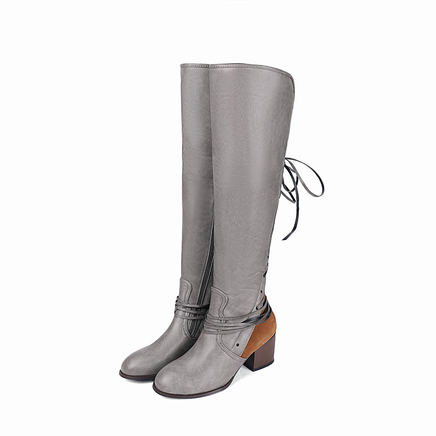 VANDIMI Wide Calf Knee High Boots for Women Winter Fashion Low Block Heel Shoes Over The Knee Booties Zipper Side