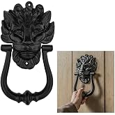 SaKeGa Mystic Colonial Medieval Cast Iron Lion Head Door Knocker 1 Pc - 8.26 in &times; 4.4 in (21 cm &times; 11.2cm) Vintage Rustic Front Door Hardware | Decorative Medieval Entry Knocker with Mounting Screws