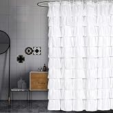 Volens White Shower Curtain Fabric Ruffle for Bathroom,72in Long | Farmhouse Boho Machine Washable Double Layer Fabric 12 C-hooks Shower Curtain Set 72 x 72 Inches