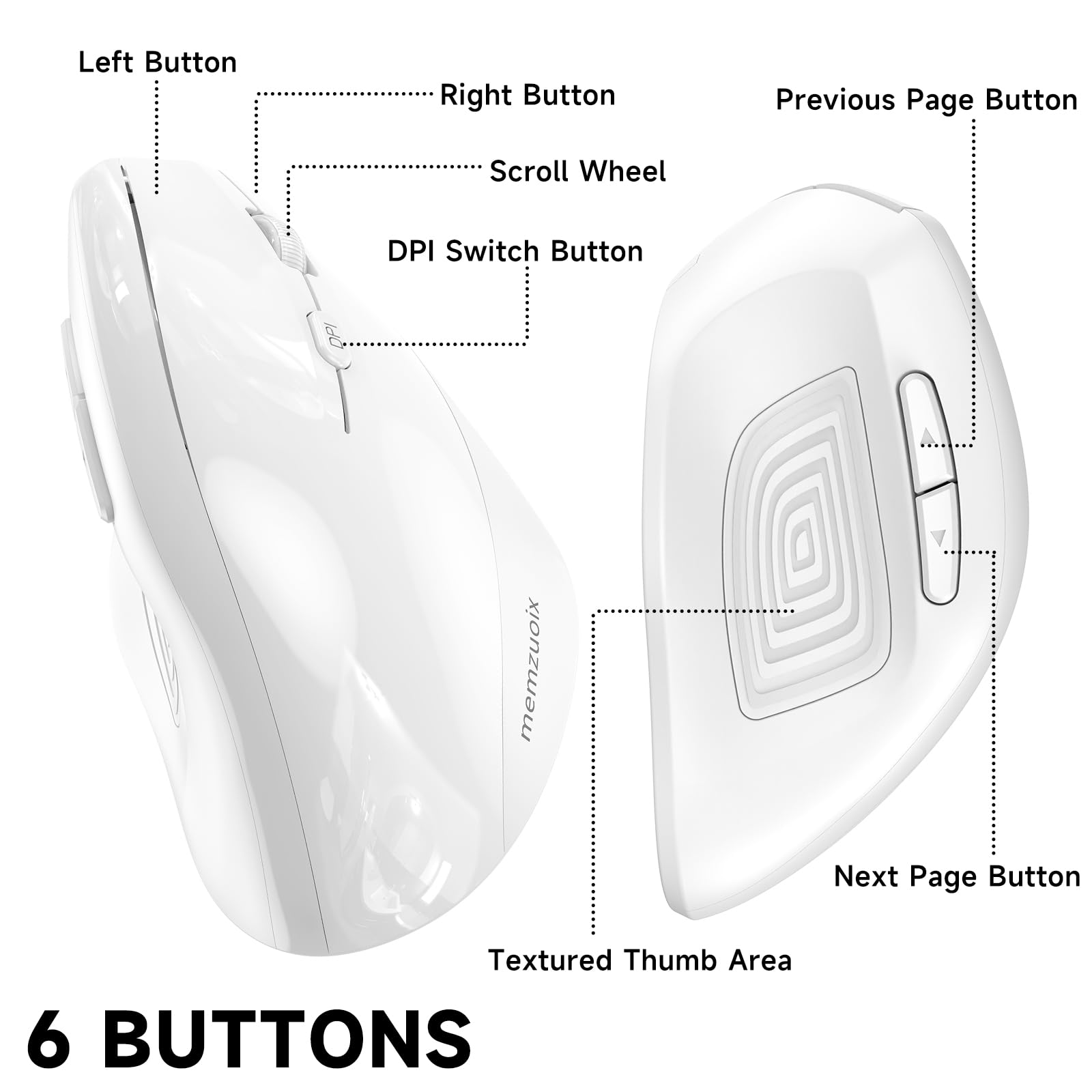 memzuoix Ergonomic Mouse Wireless,2.4G Optical Cordless Mice with 800/1200/1600 DPI,Vertical Computer Wireless Mouse for Laptop, Mac,PC,Desktop (for Right Hand, Large),White Mouse