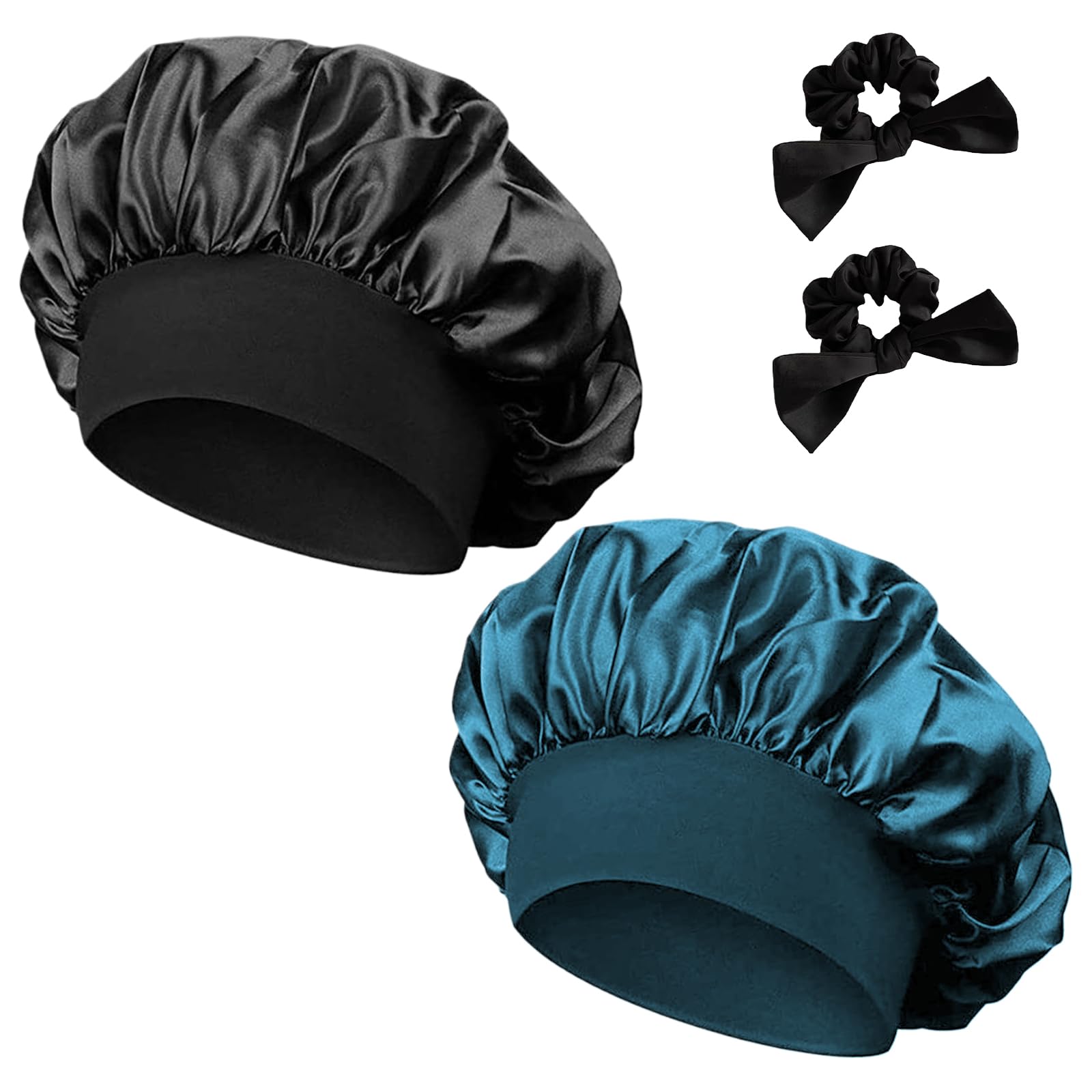 Kighdel 2 Pcs Satin Hair Bonnet, Adjustable Silk Bonnets for Women & Men, Large Silk Bonnets for Sleeping, Shower Cap for Wavy, Curly & Long Hair, Black & Blue, 2 Count