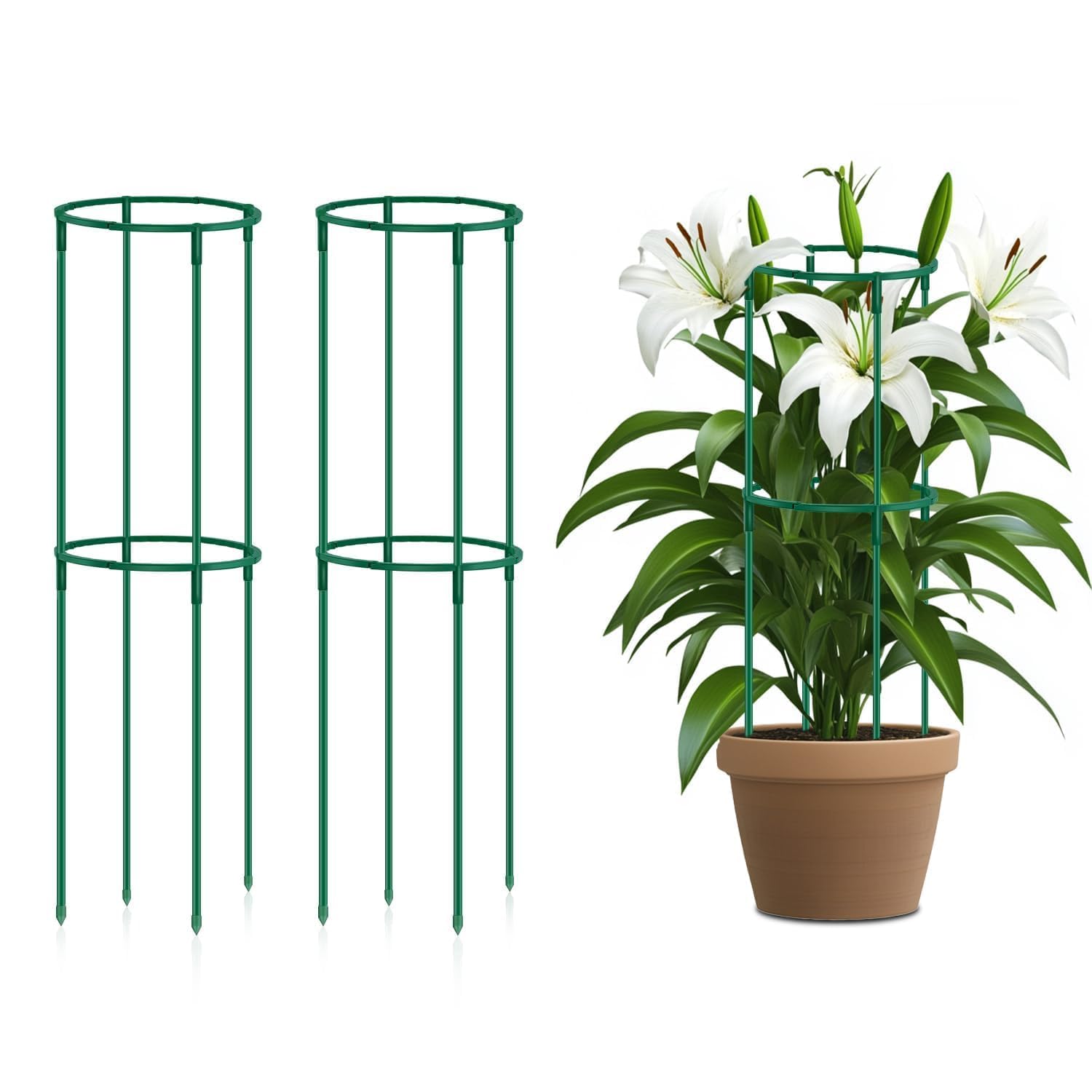 Photo 1 of Plant Support Cages 2 Pack,Supking Plant Stake Trellis Adjustable Height and Width for Indoor Outdoor,Plastic Flower Support Ring for Garden Hydrangea Peony Tomato Potted Plants Comes 30 Strap Ties