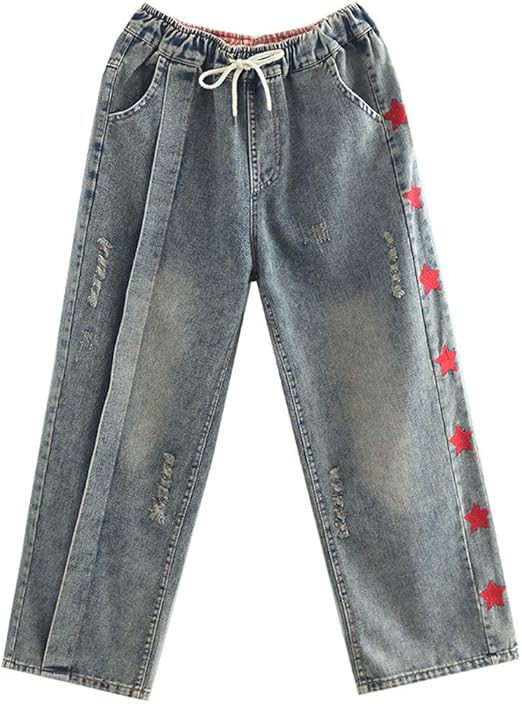 Amazon Baronhong刺繍破れたジーンズレディースストレートレッグボーイフレンドデニムジーンズパンツ ブルー M ジーンズ 通販