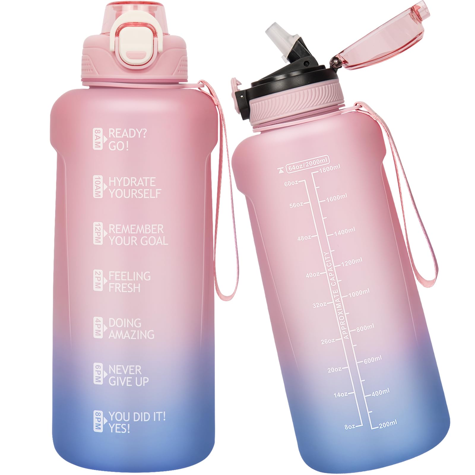 Seekua Sports Tritan Water Bottle 2l with Straw & Time Markings, Large Motivational Daily Drinking Bottle with Strap for Gym, Travel, 2 Lids, 2 Litre
