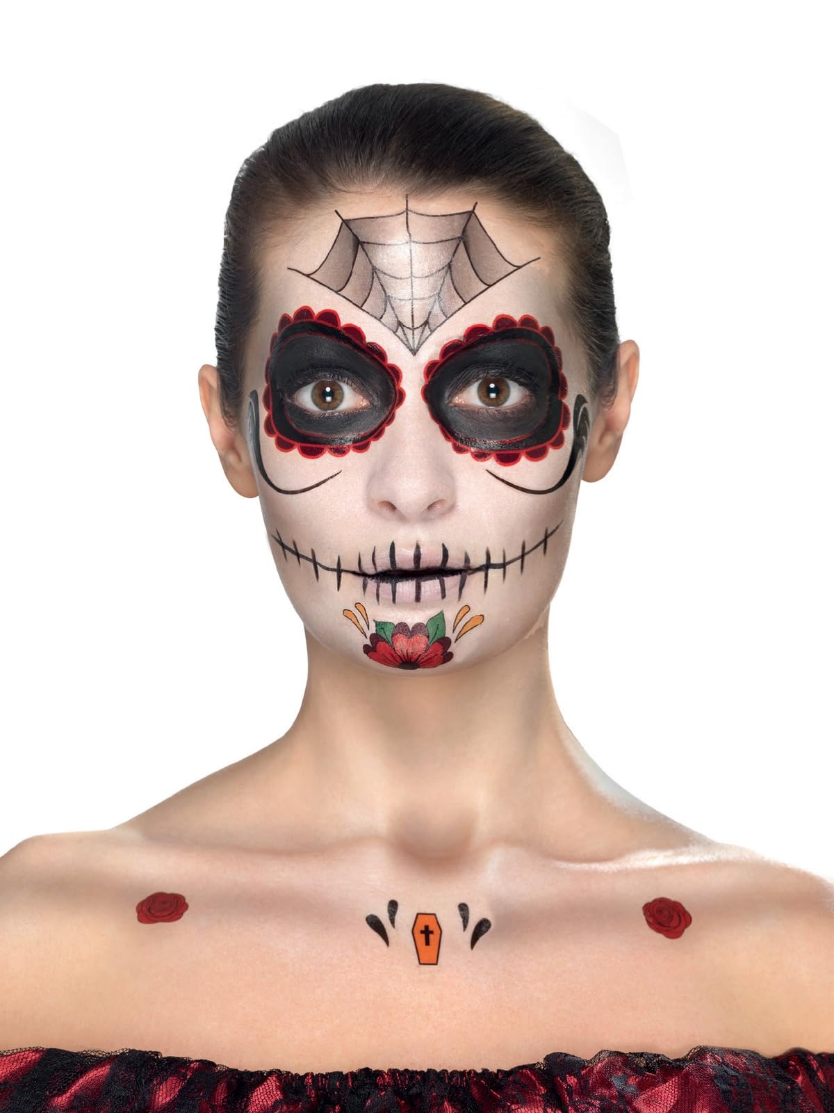 Smiffys Make-Up FX, Day of the Dead Kit, Aqua, Red & Black, Transfers, Face Paints, Crayon & Applicators