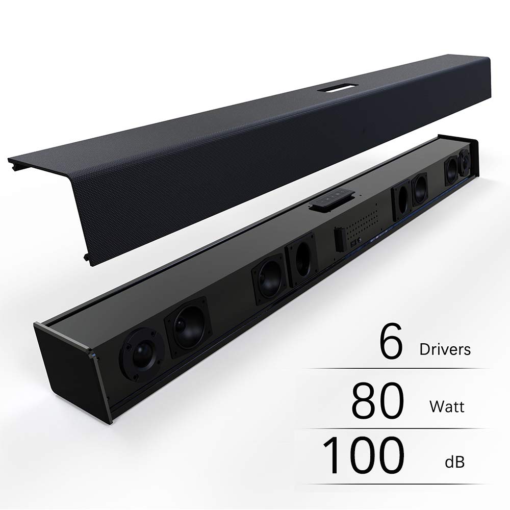 Sound Bar, MEGACRA Soundbar 2018 Version 80 Watt 38-Inch 6 Drivers Wired and Wireless Home Theater Surround Sound Speaker for TV (Optical, Coaxial, Remote Control, DSP, Bass & Treble Adjustable)