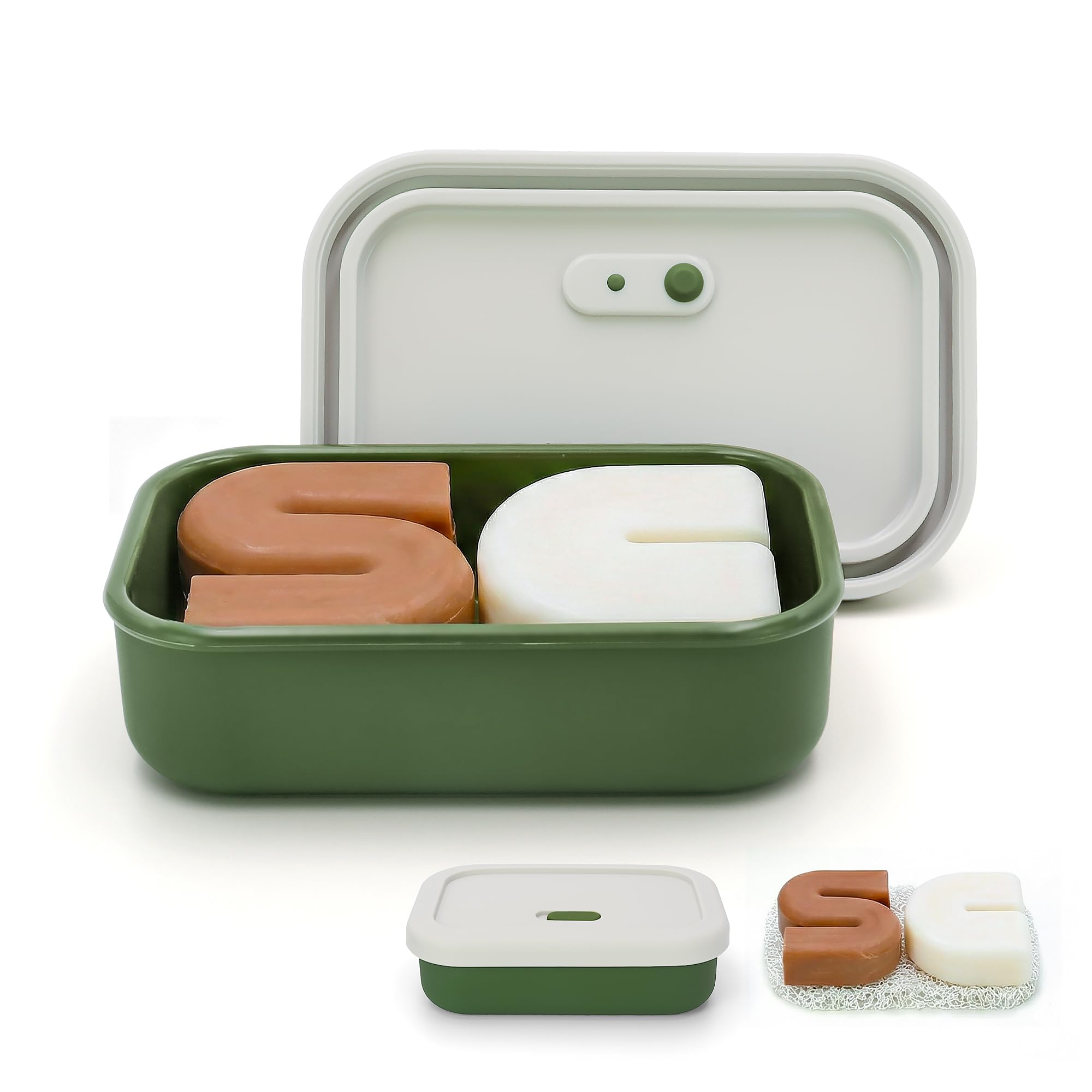 Enhanced Leak Proof Travel Soap Case, Silicone Soap Container, Travel Soap Dish with Draining Layer, Keep Soap Dry, Portable Travel Soap Container,Large capacity Silicone Soap Holder (Offwhite& Green)