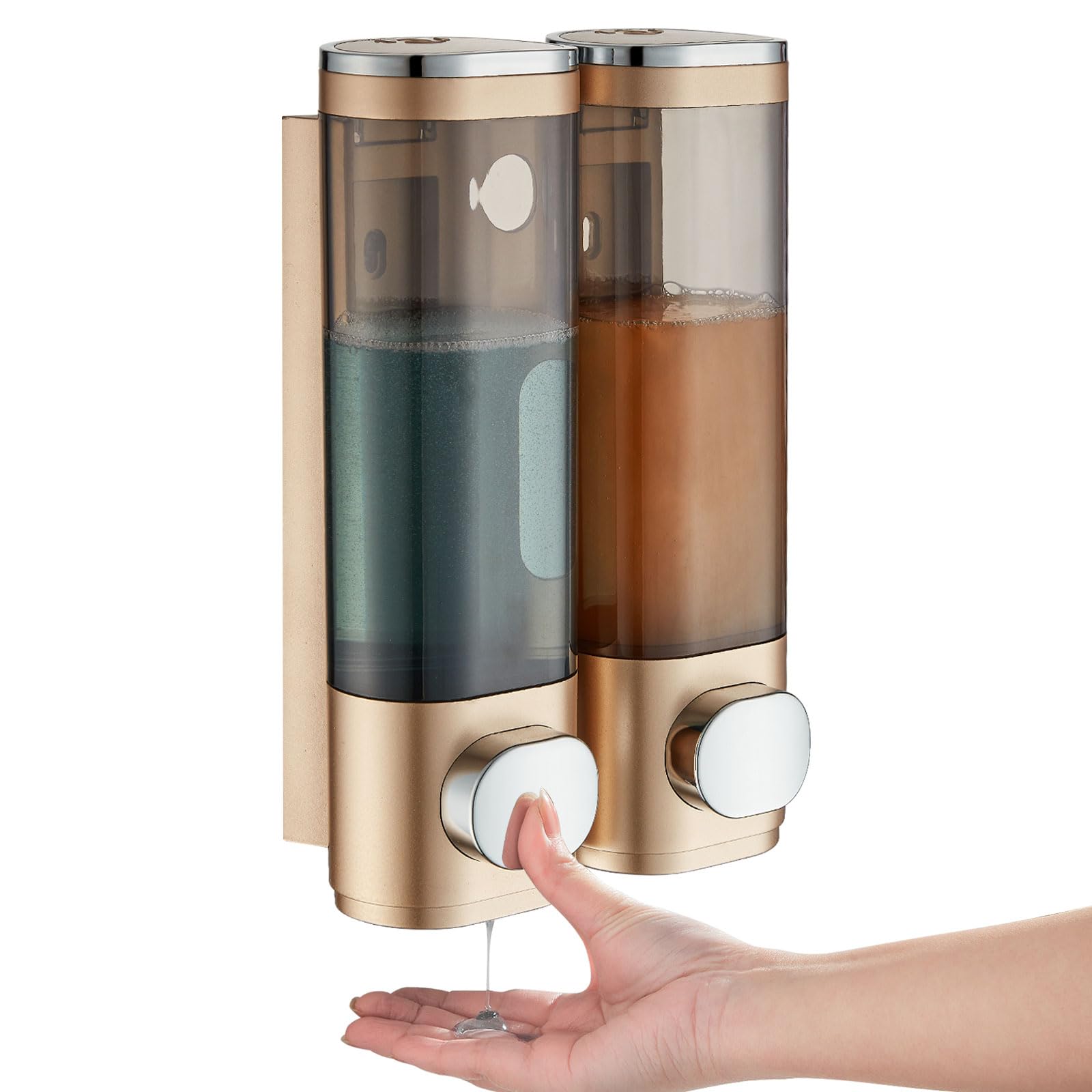 Modunful Shower Dispenser - 2 Chamber No Drill Wall Mounted Dispenser for Shampoo, Conditioner, Body Wash - Gold
