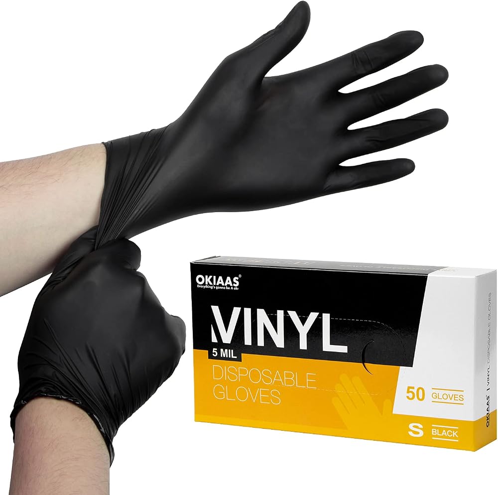 OKIAAS Black Vinyl Gloves Small 50 Count Latex-Free Food Prep Lab Use
