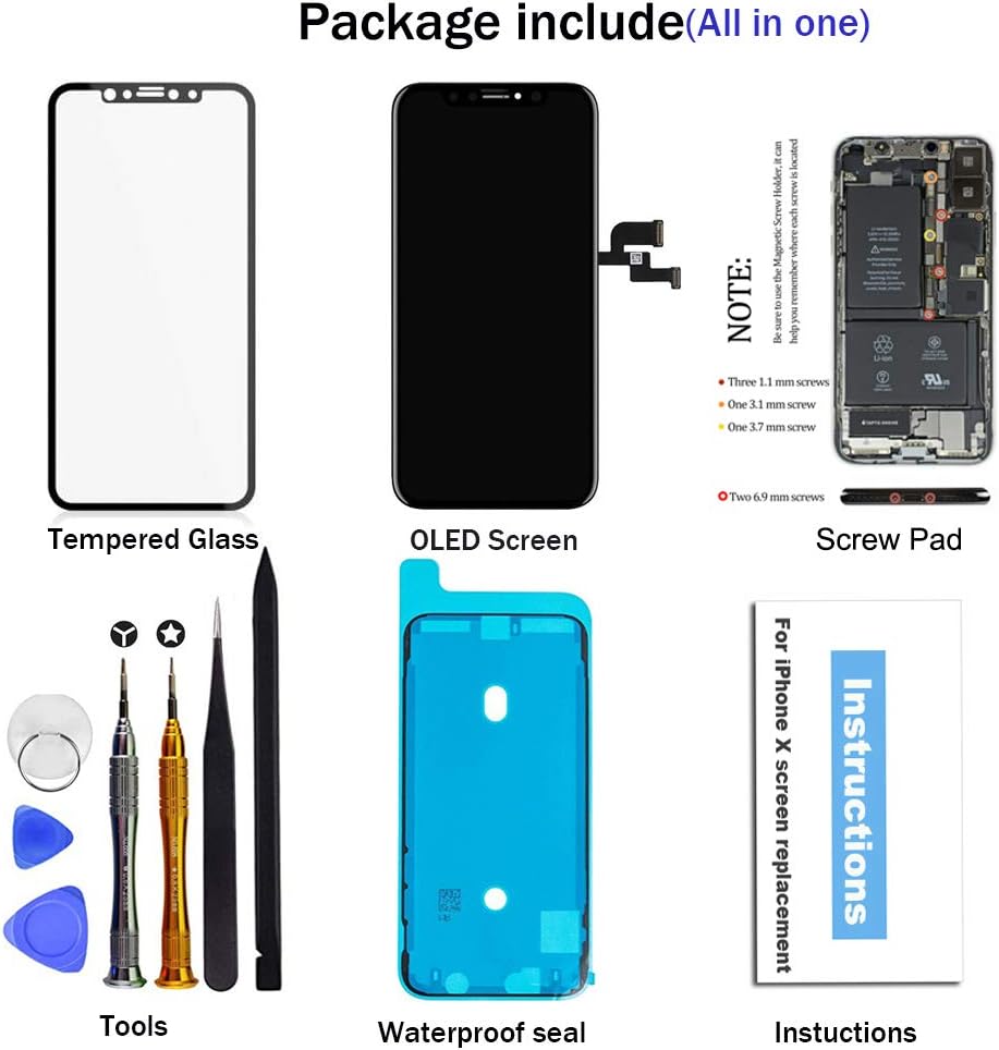 for iPhone X Screen Replacement OLED 5.8 inch [NOT LCD] Touch Screen Display Digitizer Repair Kit Assembly with Complete Repair Tools and Screen Protector