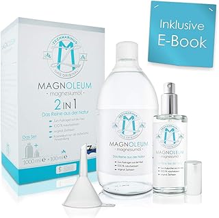 Magnesiumöl Set Original Zechstein – Preisvorteil - 100 ml + 1L - Glasflaschen zum Nachfüllen + Trichter - dermatologisch klinisch getestet – Magnesium Oil – Magnesiumchlorid/Magnesium Sole