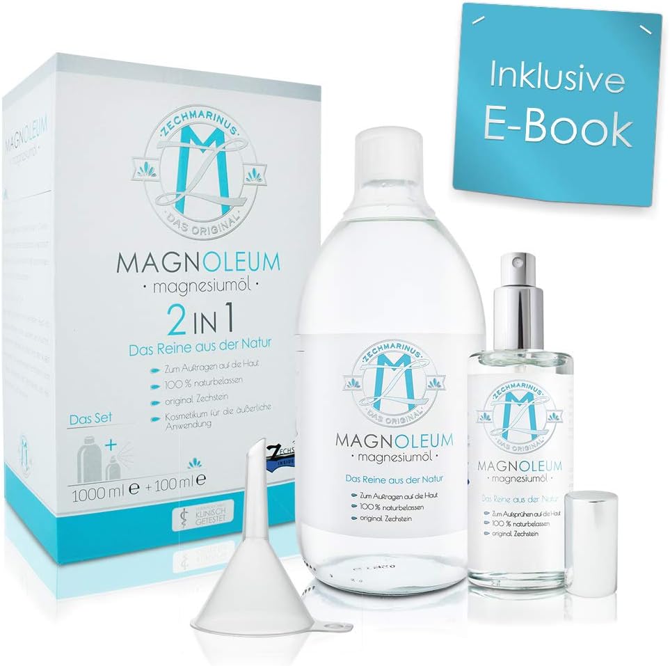 Magnesiumöl Set Original Zechstein – Preisvorteil - 100 ml + 1L - Glasflaschen zum Nachfüllen + Trichter - dermatologisch klinisch getestet – Magnesium Oil – Magnesiumchlorid/Magnesium Sole