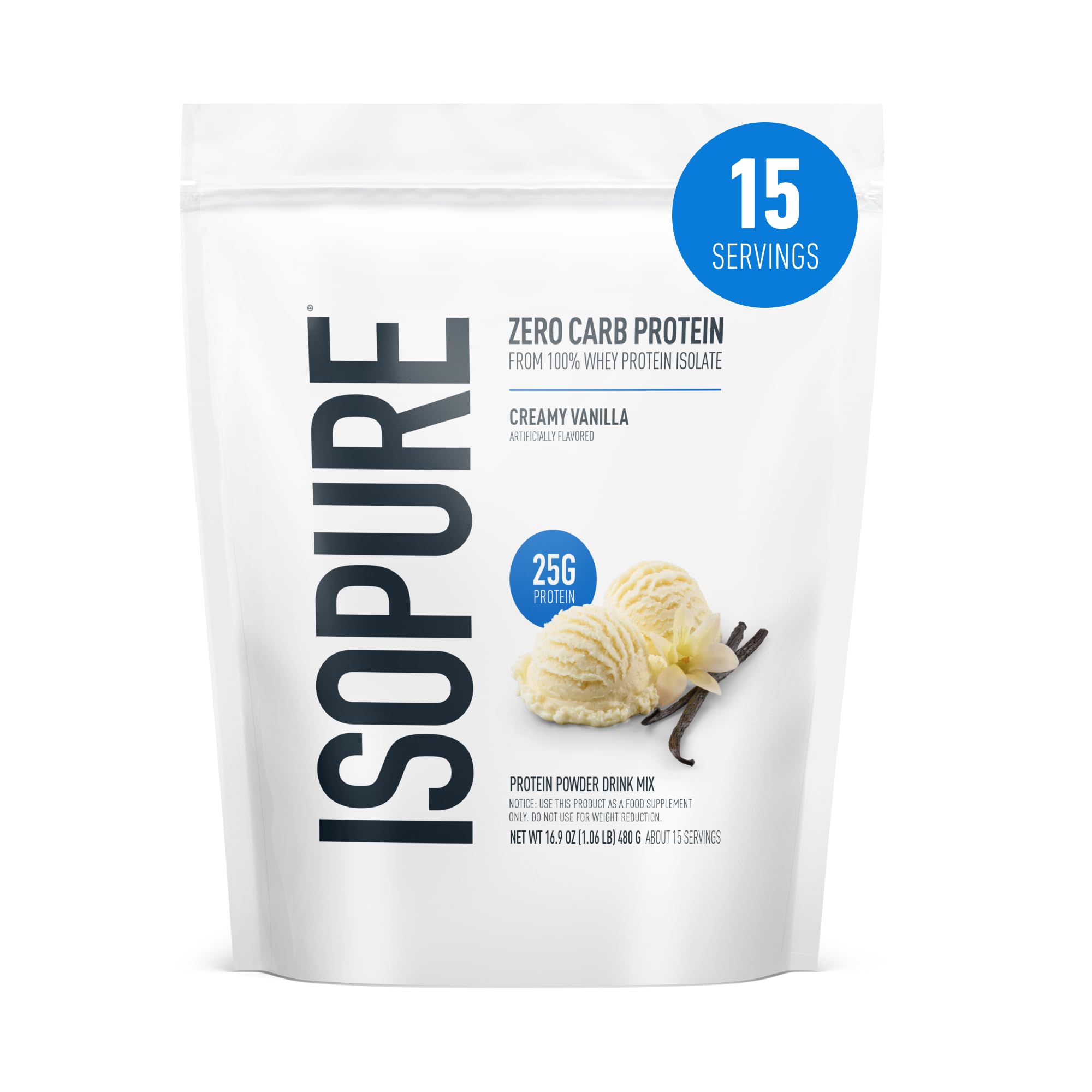 Isopure Zero Carb 100% Pure Whey Isolate Protein Powder, Lactose Free, Gluten Free, with Vitamins, Creamy Vanilla, 25g Protein Per Serving, 1 Lb, 15 Servings (Packaging May Vary)