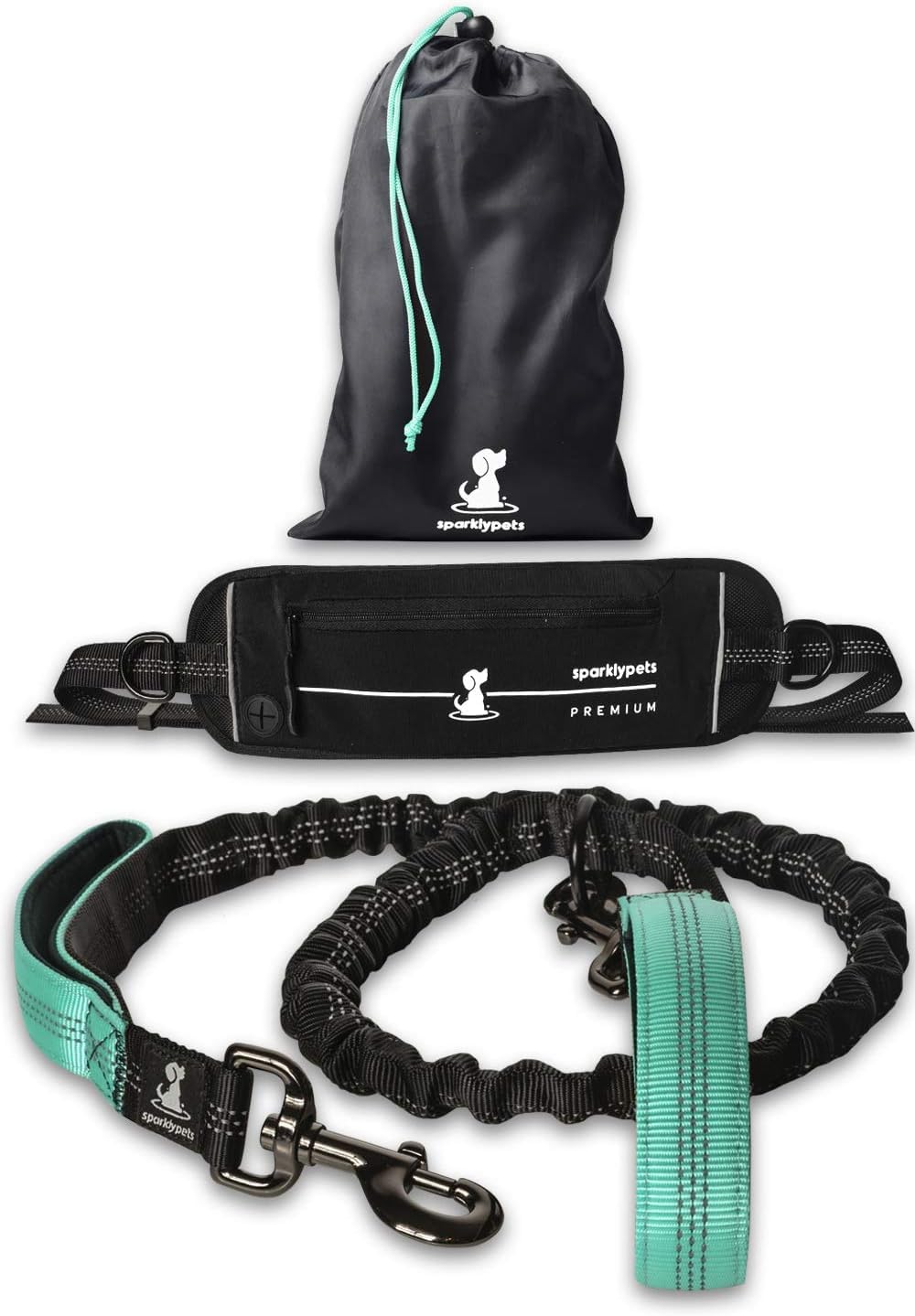 SparklyPets Hands-Free Dog Lead for Medium and Large Dogs – Professional Harness with Reflective Stitches for Training, Walking, Jogging and Running Your Pet (Premium Teal, For 1 Dog)