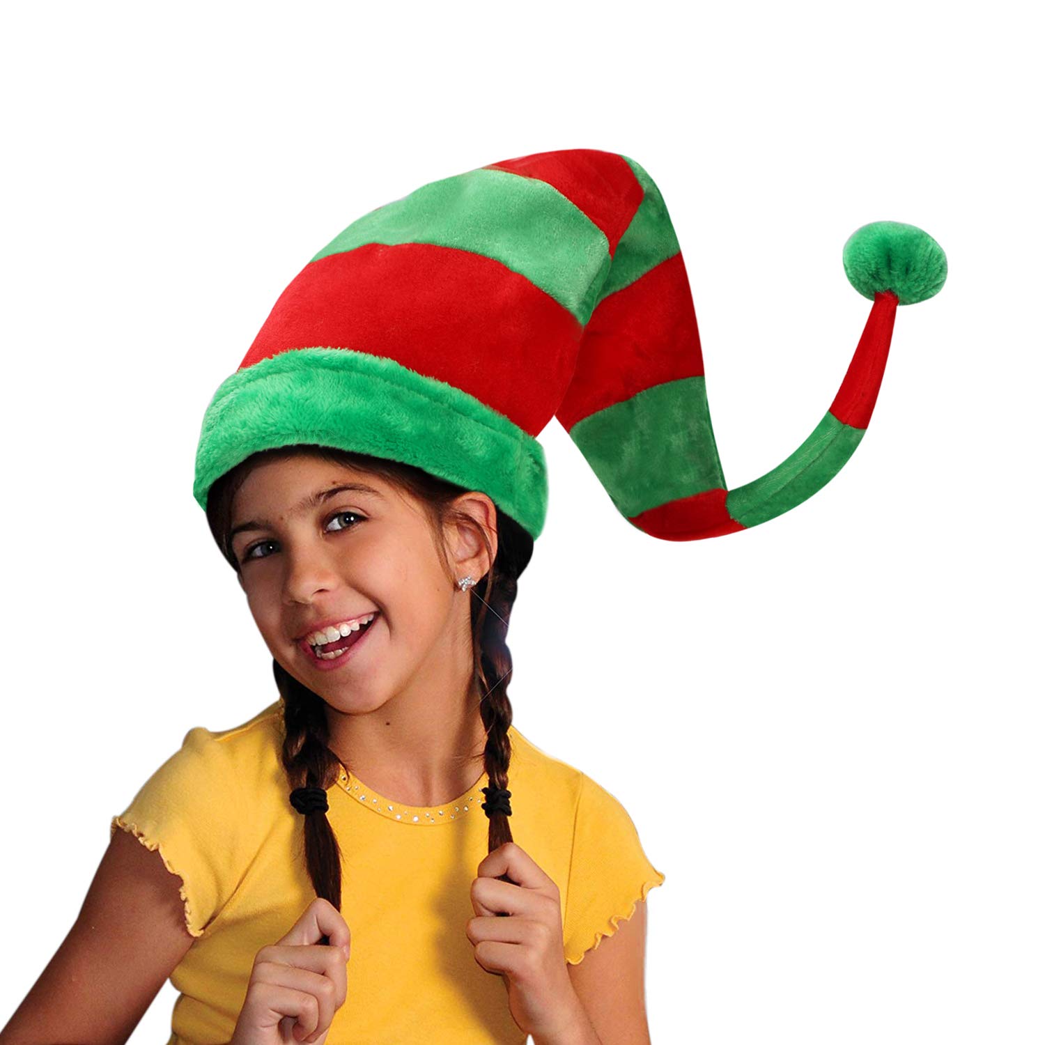 LONTG Kids Long Christmas Hat - Velvet Plush Red and Green Moldable Costume Hat for Fancy Dress, Clown, Jester, Joker - Funny Xmas Santa Gift for Party