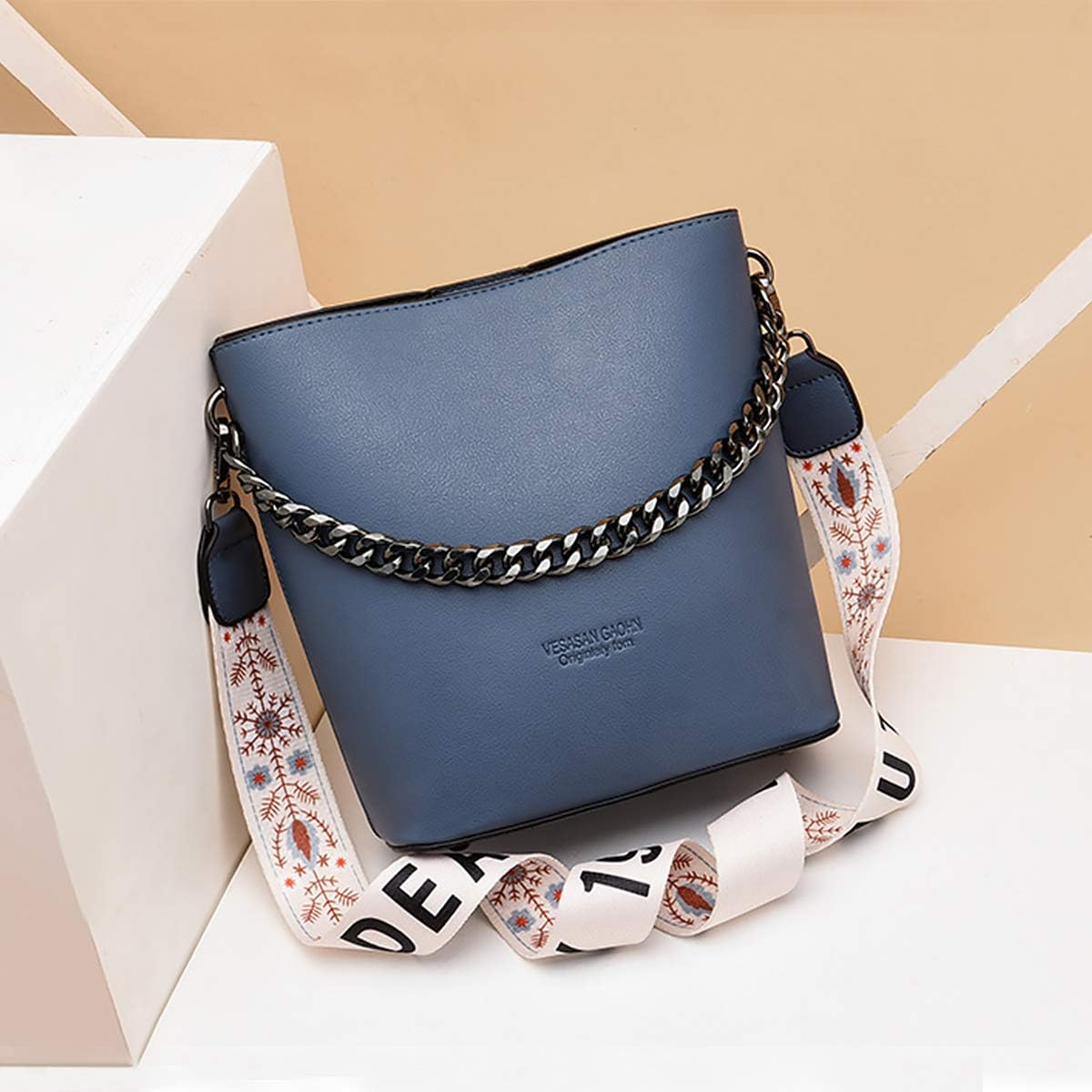 NICOLE & DORIS Women Handbags Small PU Leather Bucket Bag Designer Punk Hobo & Shoulder Chain Bags for Ladies Zip Closure Navy Blue - Image 4