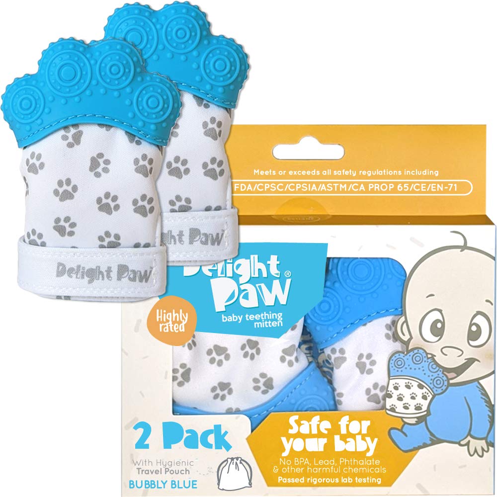 Delight Paw Baby Teething Mitten | Self Soothing Pain Relief | Hygienic Travel Bag | No BPA | Baby Boy/Girl | 3+ Months | Bubbly Blue | 2 Pack