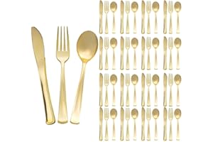 75 Pieces Gold Disposable Plastic Cutlery Set, Heavy Duty, 7.4 Inch Forks, 6.9 Inch Spoons, 7.9 Inch Knives
