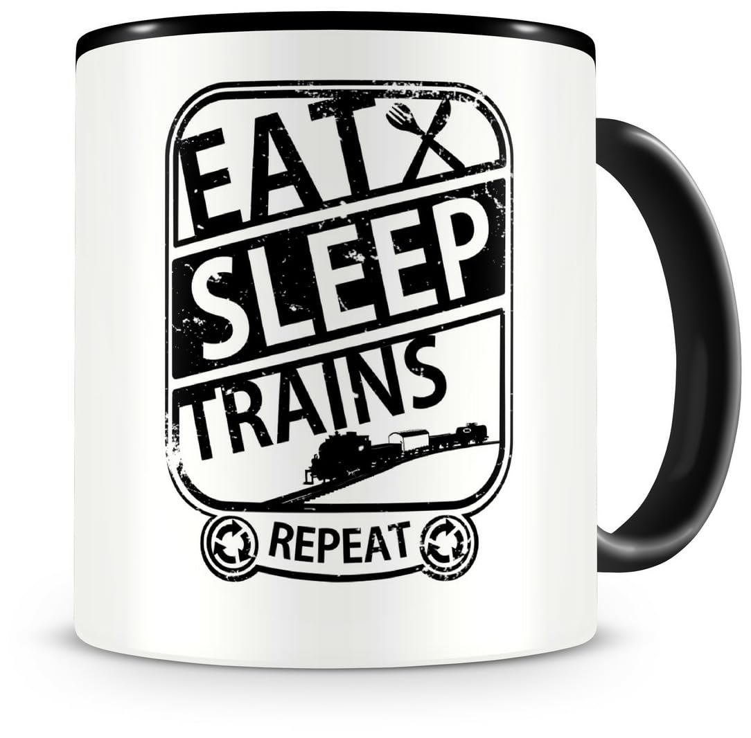 Samunshi® Railway Mug with Saying Eat Sleep Trains Repeat Gift for Railways Coffee Mug Large Funny Cups for Birthday Black 300 ml