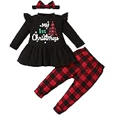 Noubeau My 1st Christmas Baby Girl Outfits Ruffle Santa Tree Print Tunic Drees Shirt Plaid Stripe Pants Fall Clothes