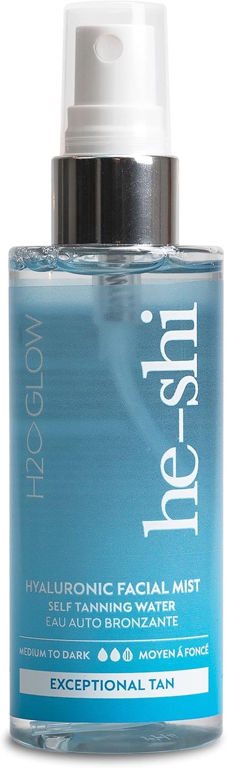 He-Shi Hyaluronic Self Tanning Water Facial Mist - Face Tanning H2-Glow Medium to Dark - Streak Free Fake Tan Formula - Quick Dry Natural Looking Tan - Vegan & Cruelty Free (100ml)