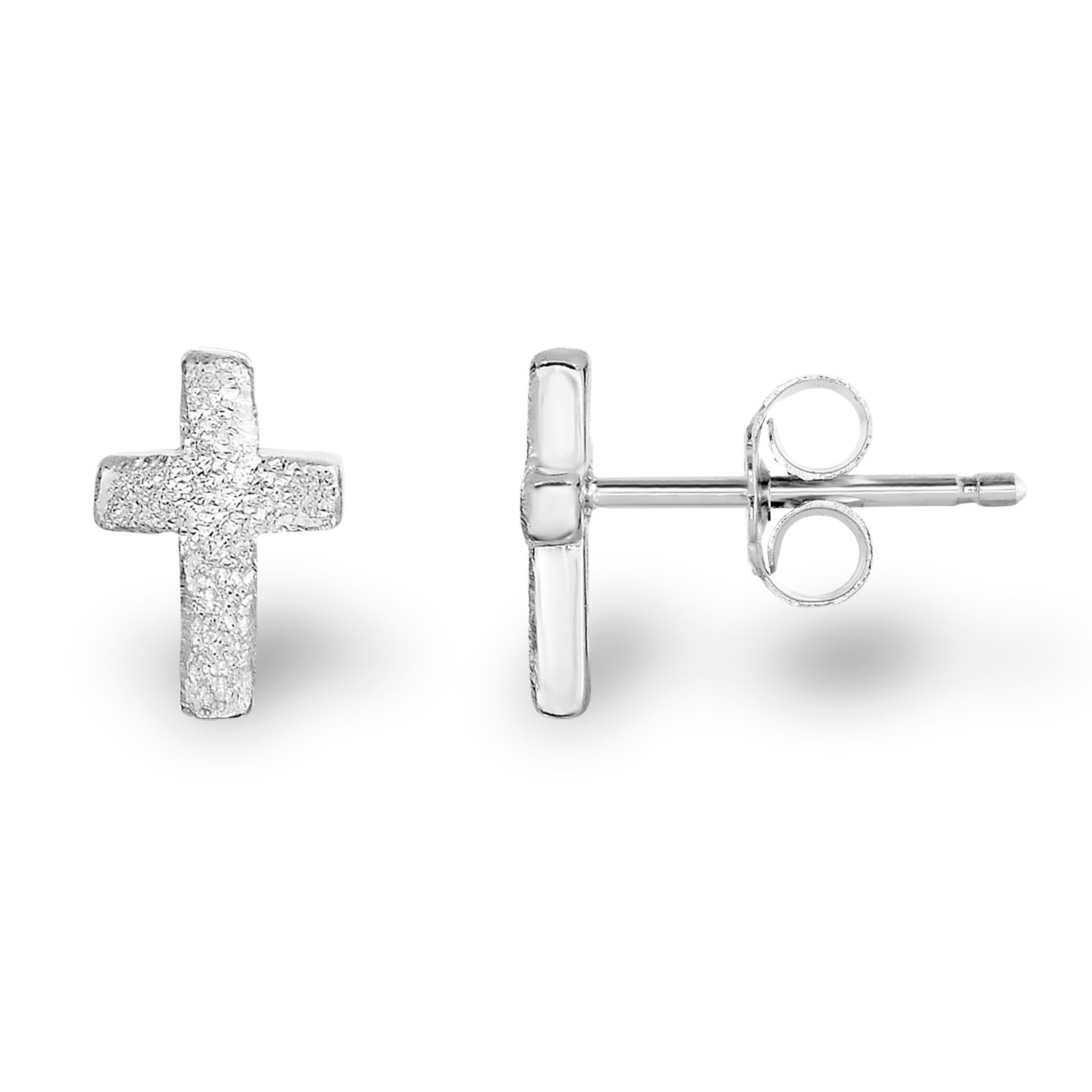 Spoil Cupid Rhodium-Plated 925 Sterling Silver Matte Finish Textured Mini Latin Cross Stud Earrings