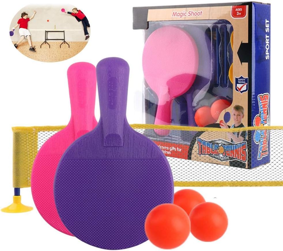 Kids Instant Table Tennis Set, Fun Sport Ping Pong Set, 2 Plastic Ping Pong Paddles, 3 Ping Pong Balls and Sucker Mounting Net, for Kids Boy Girls Gift