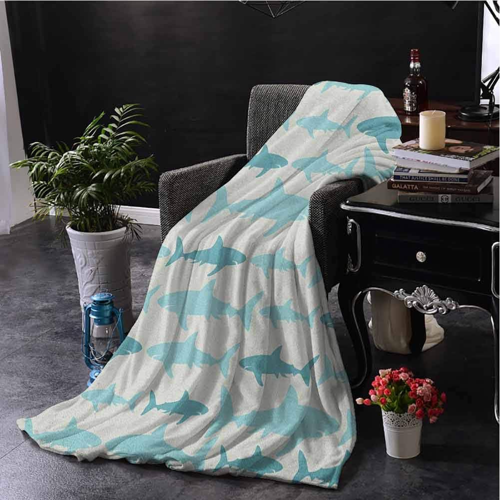 SSKJTC Throw Blanket Sea Animals Monochrome Shark Illustration Fashion Maritime Illustration Aquatics Teal Turquoise Beige Sofa Camping Reading Car Travel W80 xL60