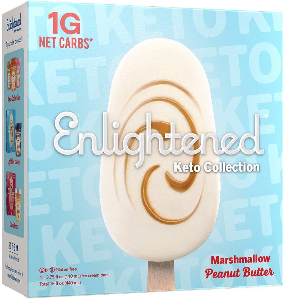 Enlightened, Keto Ice Cream, Low Sugar, Low Calories, 1g Net Carbs, Pack of 4 (Marshmallow Peanut Butter, 16 Bars)