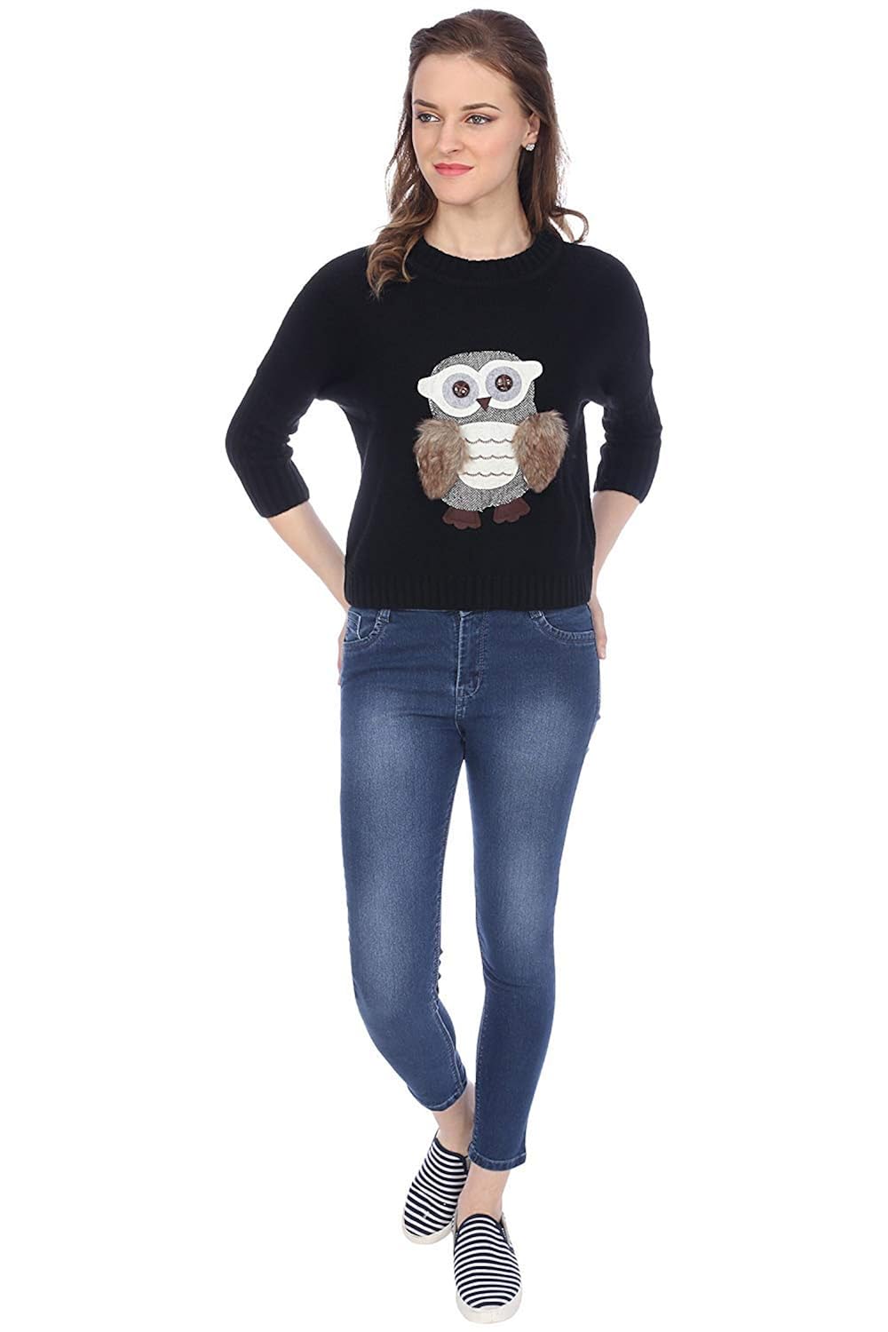 icable women's round neck black owl sweater pullover for winter
