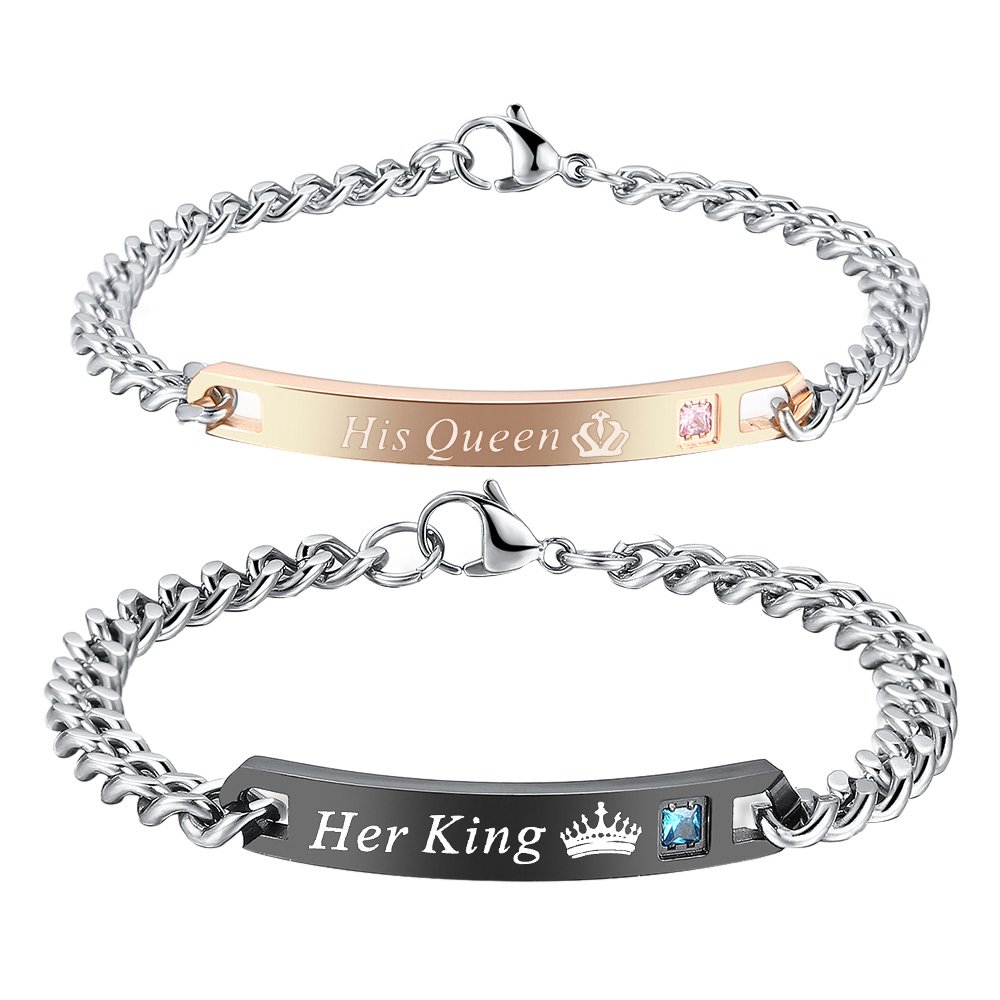 Gagafeel His Queen Her King Couple Distance Bracelet Stainless Steel Cuff Chain Gift for Women Men (His Queen Her King)