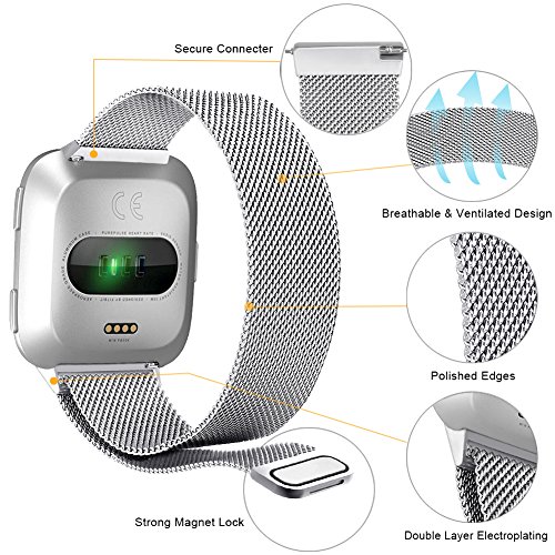 Onedream For Fitbit Versa Bands Silver, Large for Women Men, Milanese Replacement Wrist Smart Watch Band, Stainless Steel Metal Mesh Magnetic Sport Wristbands Bracelet Strap Accessories