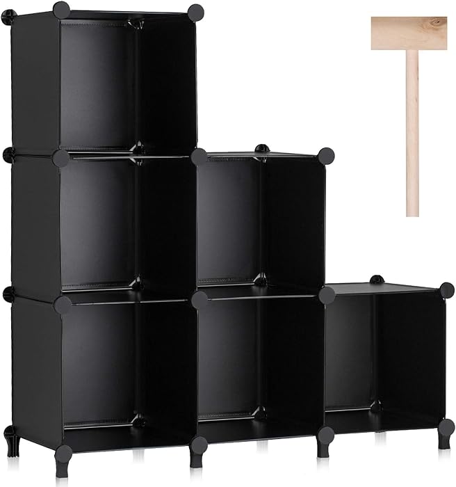 Puroma Cube Storage Organizer 6-Cube Closet Storage Shelves with Rubber Hammer DIY Closet Cabinet Bookshelf Plastic Square Organizer Shelving for Home, Office, Bedroom - Black