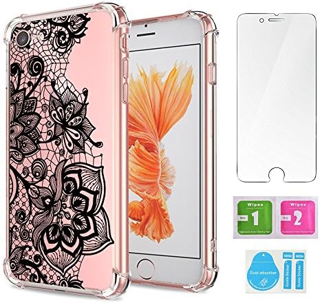 iPhone 7 Case Flower, Air Cushion Soft TPU Bumper Shockproof Slim Protective Case and Tempered Glass Screen Protector Clear with Art Lace Floral Design for Girls Henna Tattoo Cover for Apple iPhone 7