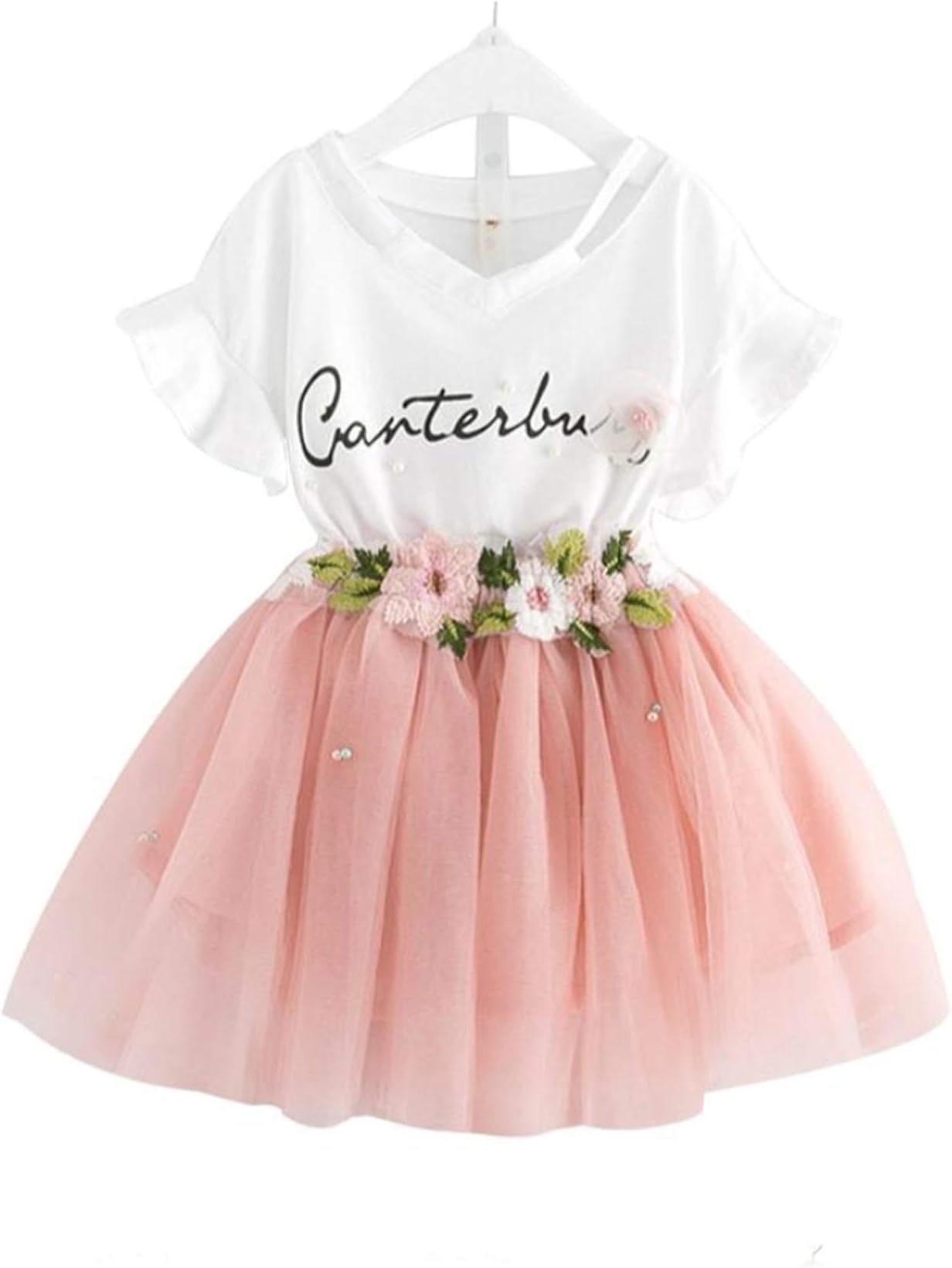 Maelie Baby Girl Butterfly Sleeve White top with Floral Tutu Skirt Set.