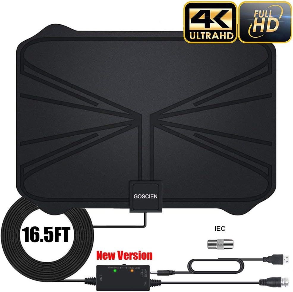 2019 Newest TV Aerial, Amplified HD Digital TV Aerial with 65-80 Miles Range with Adjustable Amplifier Signal Booster 4K 1080P HD Life Local Channels Support ALL TV's -16.5ft Coax Cable/Power Adapter