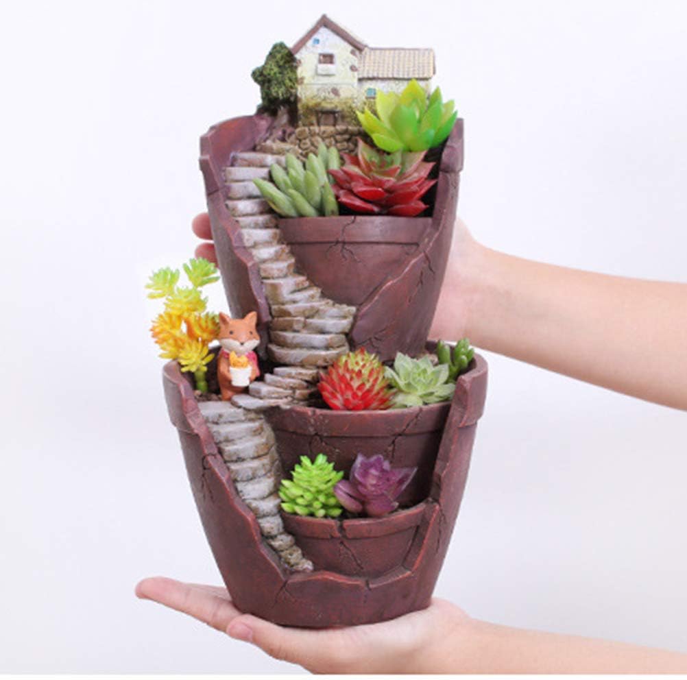 VOSAREA Fairy Garden Pot Micro Landscape Pot Resin Planter with Miniature House for Succulent Plants Micro Landscape Decorations - Image 4