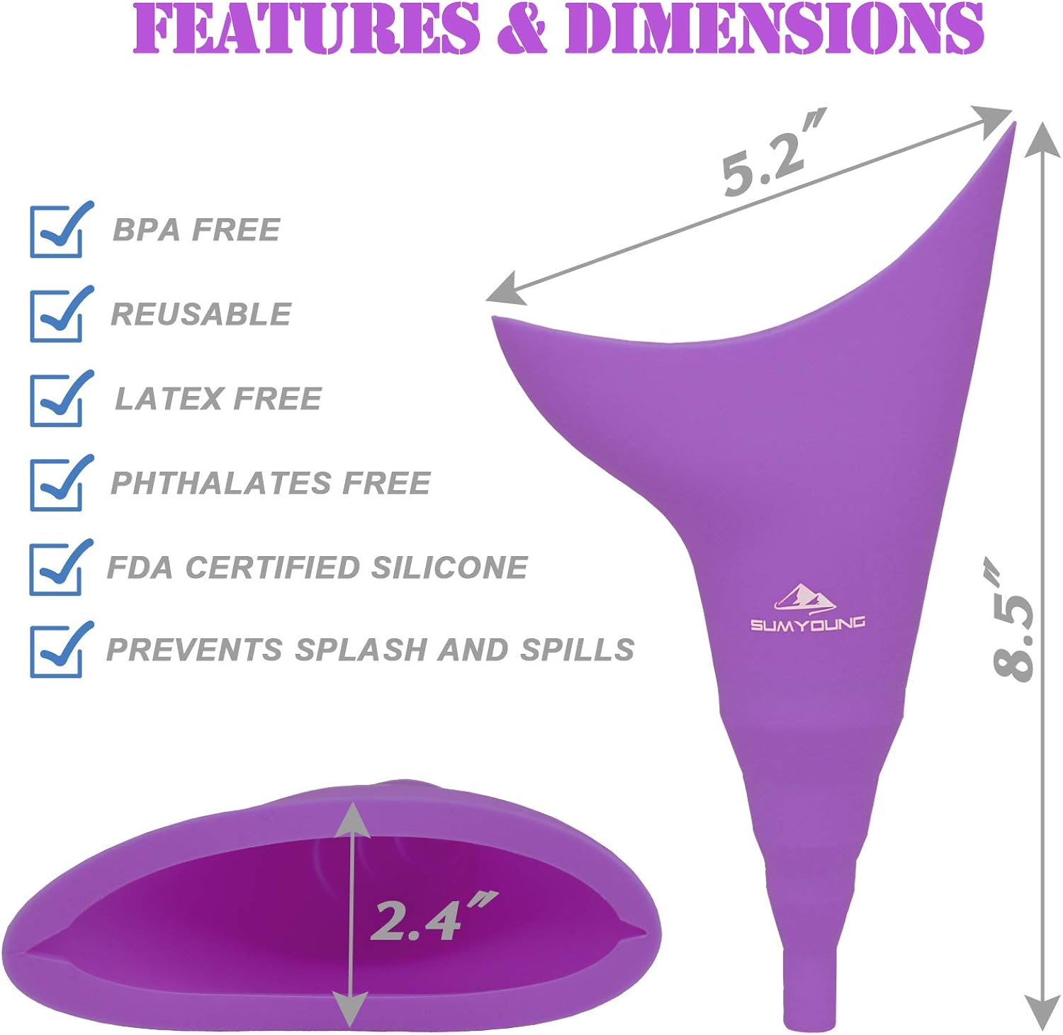 Female Urination Device, Foolproof Female Urinal Allows Women to Pee Standing Up, Portable, Compact, Lightweight Design for Camping, Hiking, Music Festivals, with Drawstring Bag and Carabiner-Purple : Sports & Outdoors
