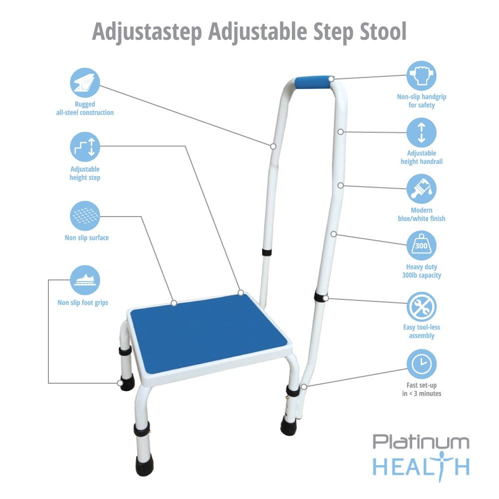 Height Adjustable Deluxe Step Stool/Footstool with Handle/Handrail