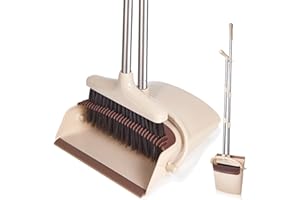 XXFLOWER Broom and Dustpan Set with Long Handle, Light Weight Stainless Steel Poles Stand Upright Dustpans with Broom Combo for Home Kitchen Office Pet Dog Hair, Brown & Beige Color, 1-Pack